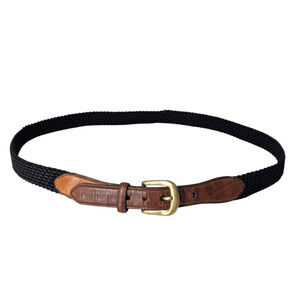 Brighton Navy Blue Woven Stretch Brown Leather Belt Sz 42 Croc Trim Brass Buckle